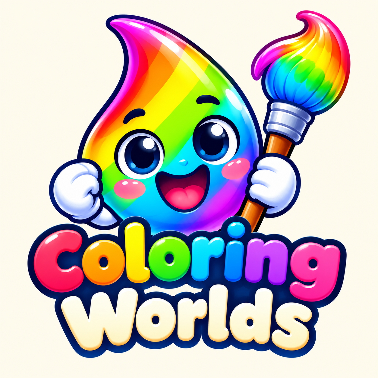 Coloring Worlds artwork with our rainbow paint-drop character and brush