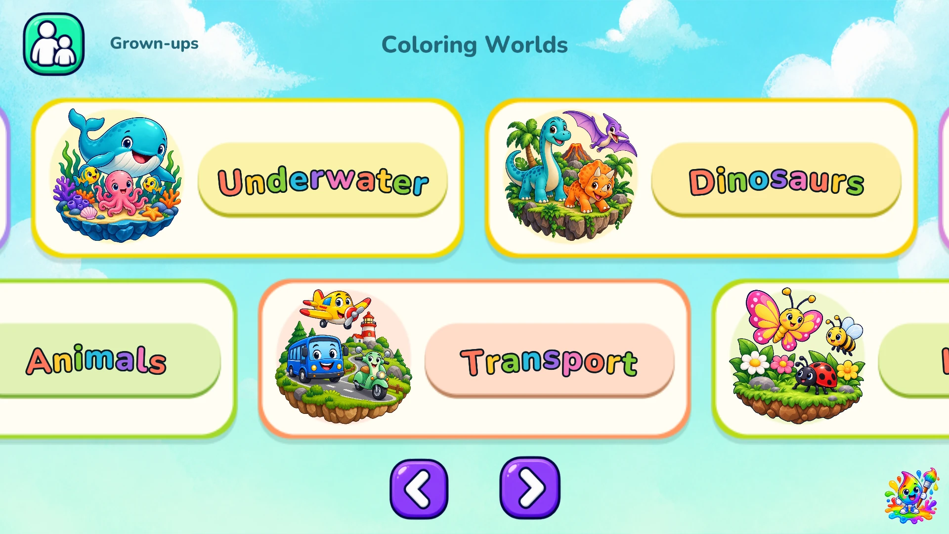 Coloring Worlds's illustrated world selection screen