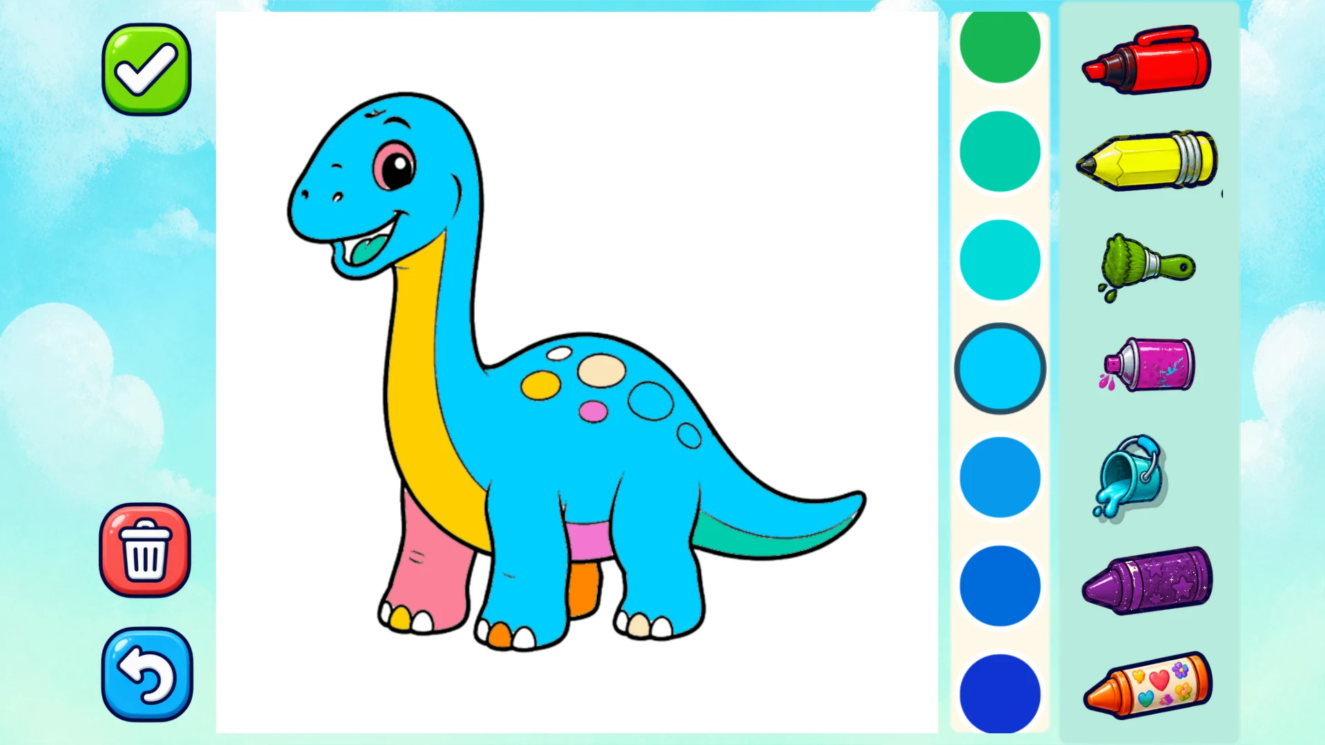 A dinosaur colored with Coloring Worlds's fill tool