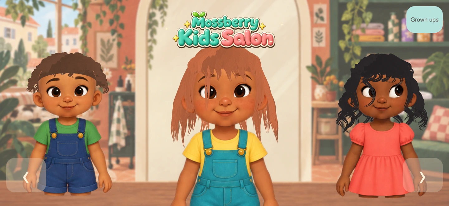 Nine expressive preschool friends beneath the Mossberry Kids Salon title
