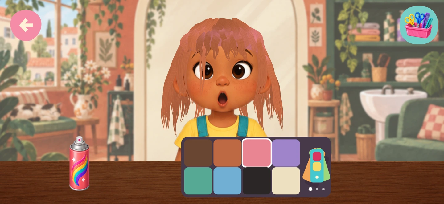 A friend with pink hair streaks and a colorful spray palette