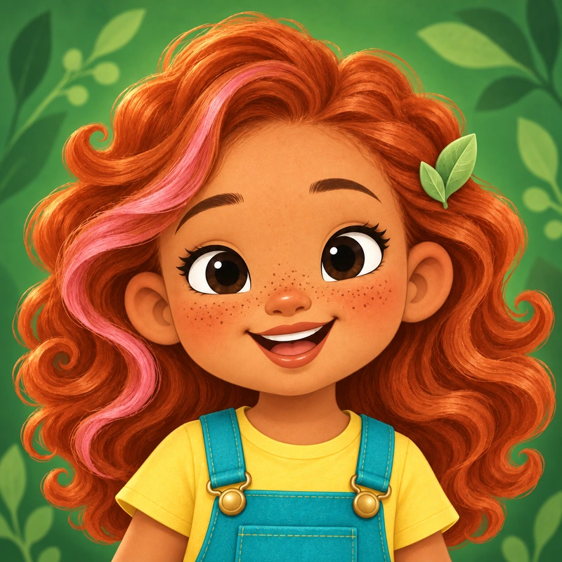 Mossberry Kids Salon app icon: our young salon friend with ginger curls, a pink streak and a leaf clip