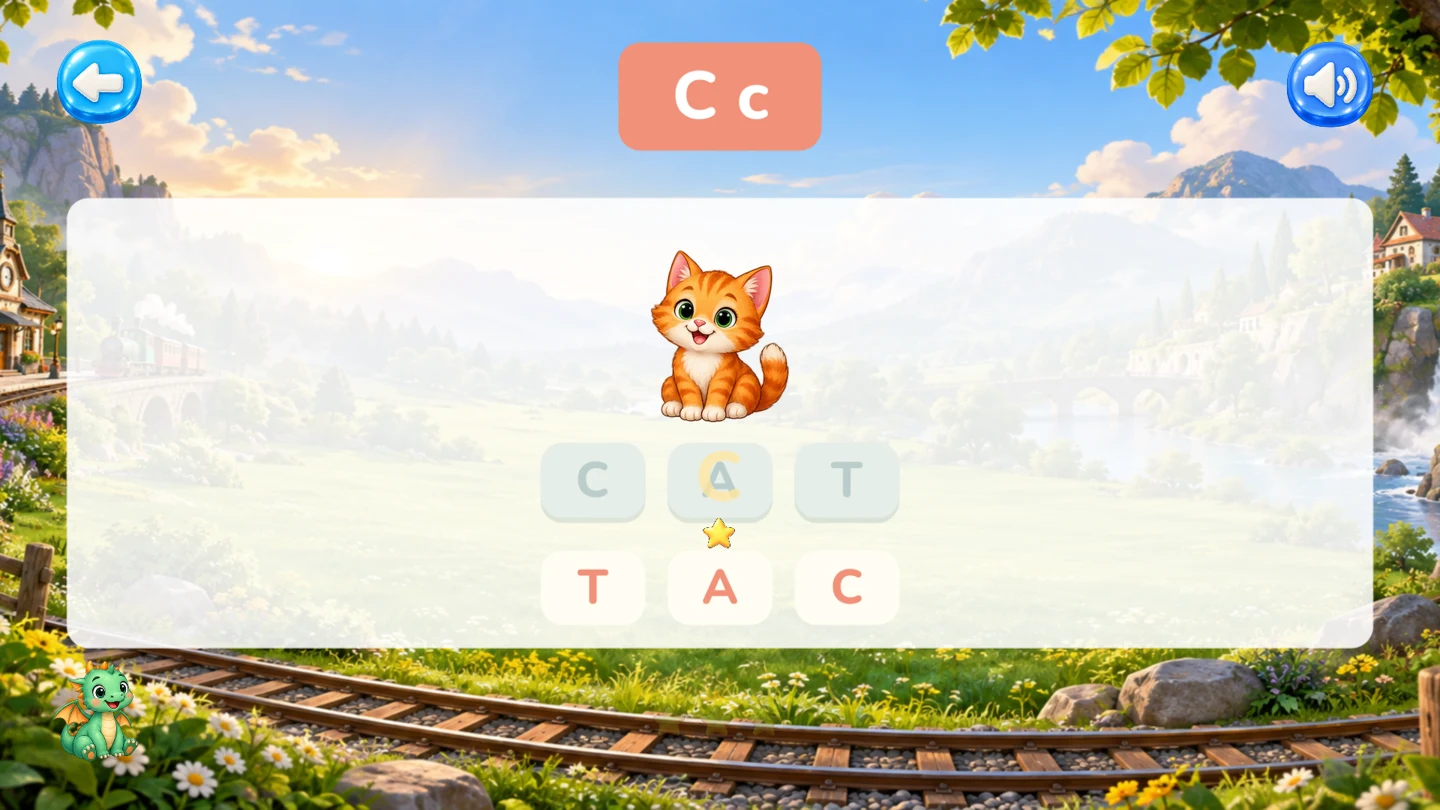 A cat and C A T letter blocks in Learning Worlds Word Railway
