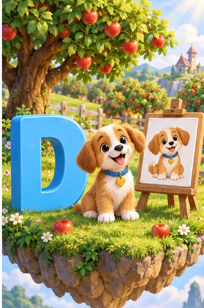 A dog beside a large letter D