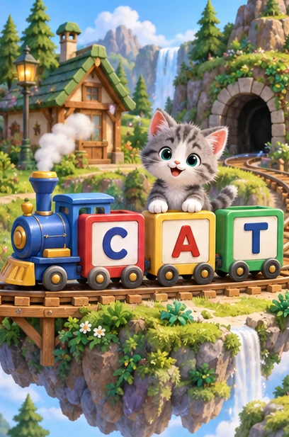 A kitten with C-A-T train blocks