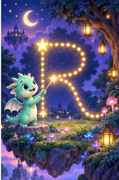 A dragon follows glowing dots along a letter R