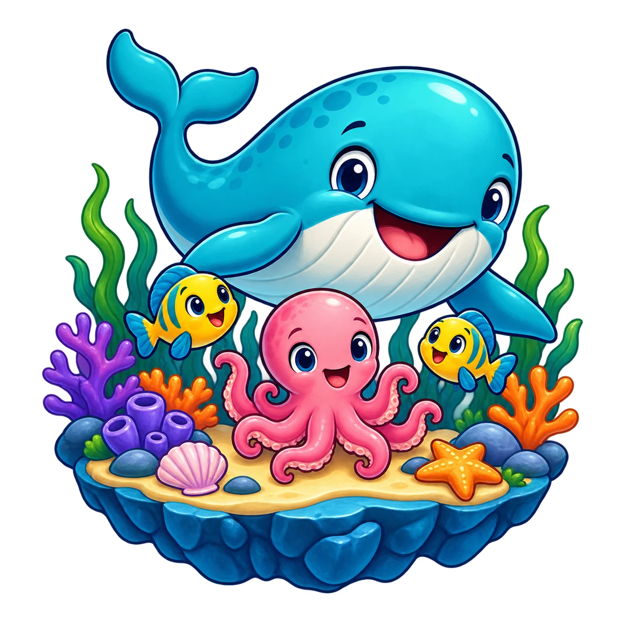 Whale, octopus and fish in an underwater world